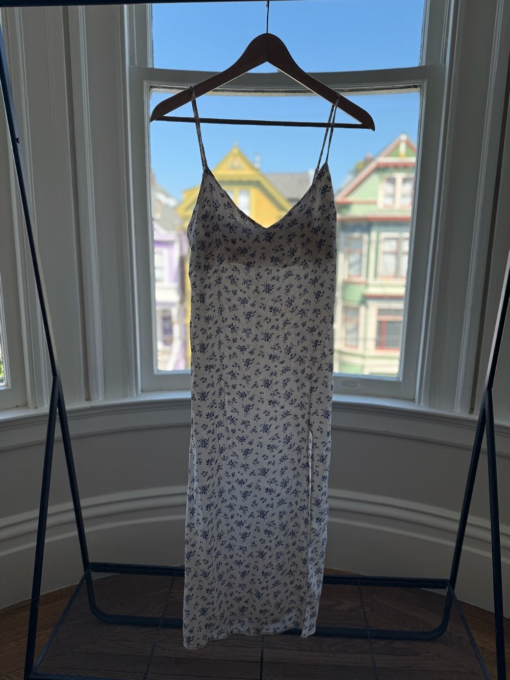 Reformation Cream Slip Dress with Blue Floral Print